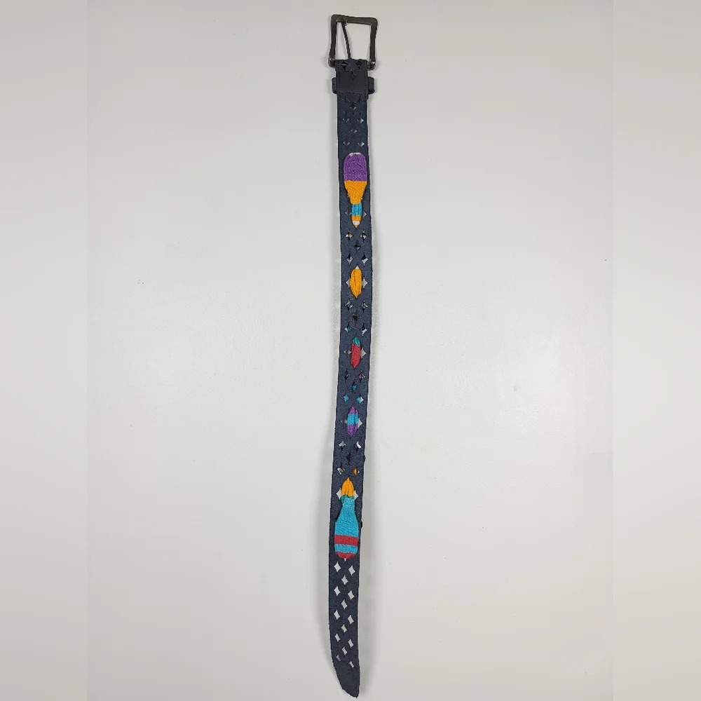 Vintage Charcoal Gray Western Leather Serape Silver-Tone Stamped  Concho Belt M - Picture 14 of 16